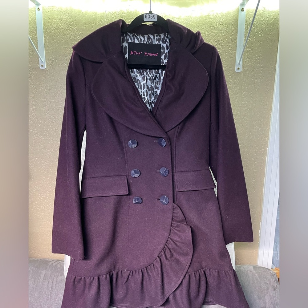 Betsy Johnson Purple Ruffle Pea Coat Jacket size 8